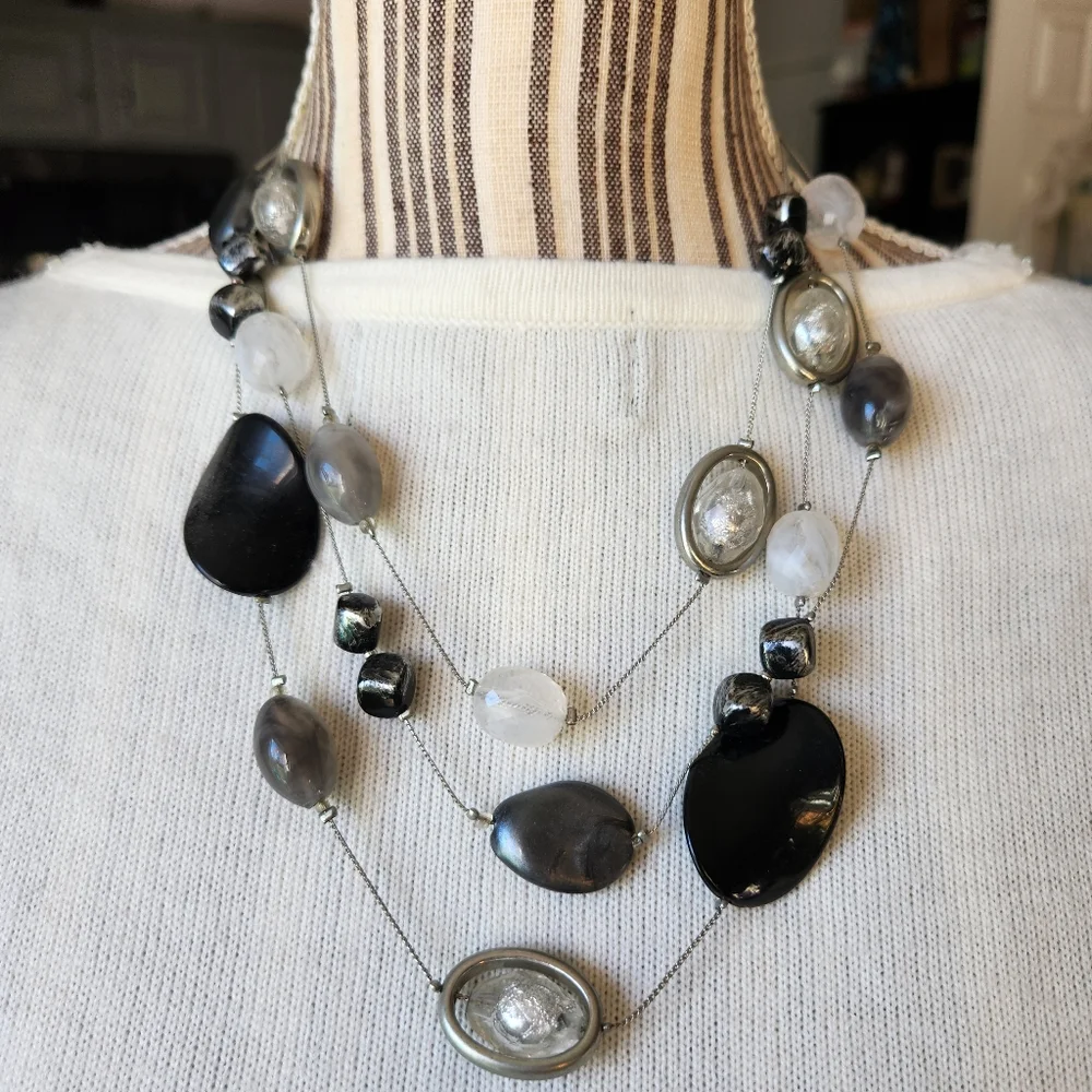 Designer New York Three Strand Silvertone Necklace w/ Various Stones & Beads